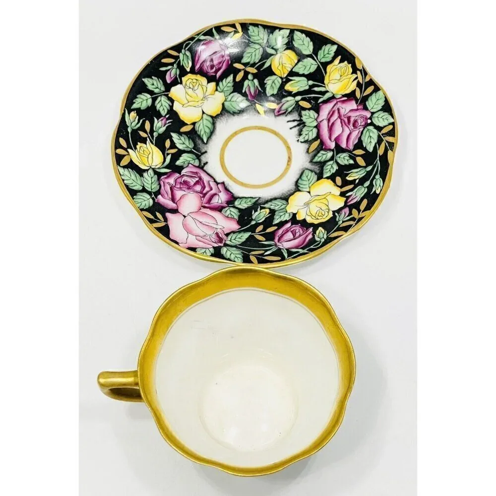 Vintage Rosina Pink & Yellow Roses Black & Gold Tea Cup & Saucer 4861 Bone China